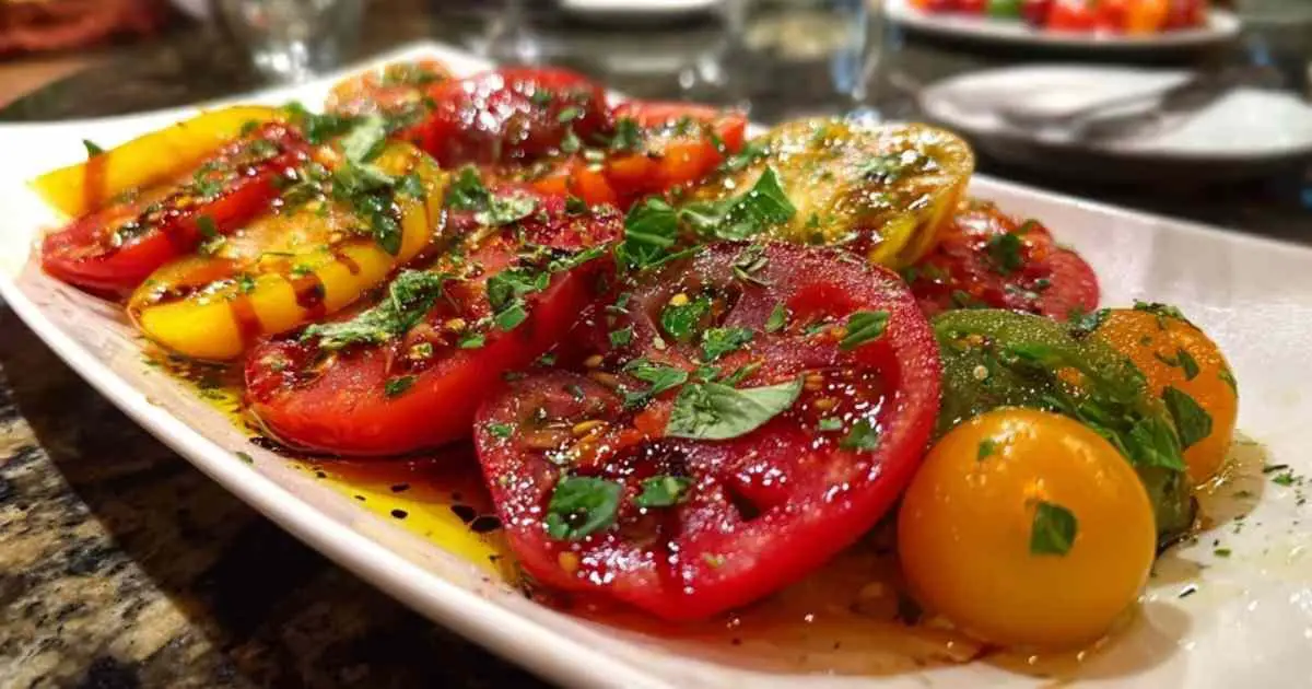 Plat de service final de la salade de tomates variées, assaisonnée et garnie de basilic.