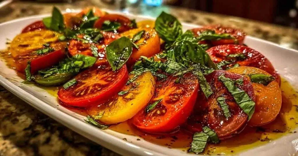 Salade de Tomates Variées 1 Gros plan d'une tranche de tomate juteuse piquée par une fourchette, montrant la texture de la salade.
