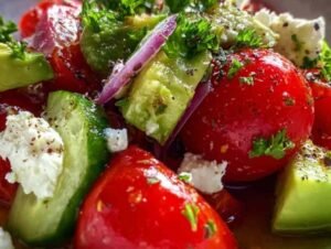 Ingrédients frais pour la recette de salade détox : concombre, tomates, avocat, oignon rouge, feta.