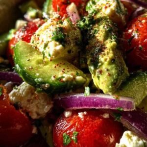Salade Détox Ventre Plat 3 Recette salade détox ventre plat servie dans un bol avec du concombre, des tomates cerises, de l'avocat et de la feta.