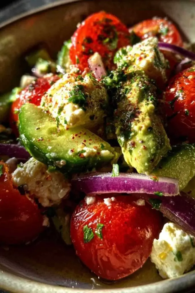 Salade Détox Ventre Plat 2 Recette salade détox ventre plat servie dans un bol avec du concombre, des tomates cerises, de l'avocat et de la feta.