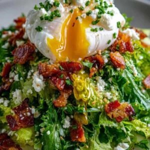 Salade Lyonnaise Facile 3 Recette de salade lyonnaise traditionnelle servie dans une assiette blanche, avec lardons, œuf poché et ciboulette.