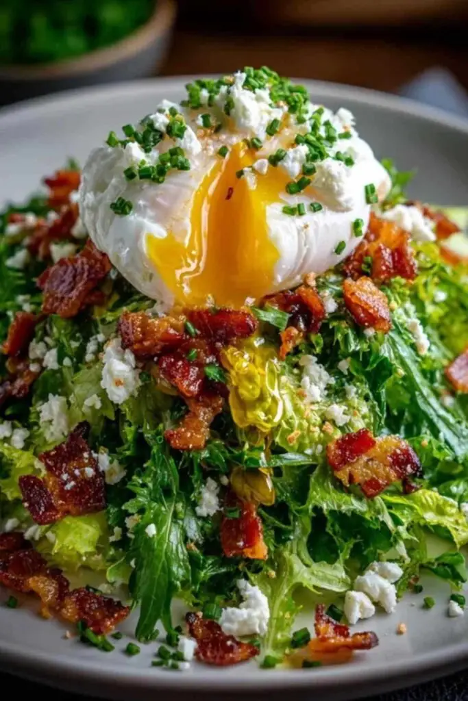 Salade Lyonnaise Facile 2 Recette de salade lyonnaise traditionnelle servie dans une assiette blanche, avec lardons, œuf poché et ciboulette.