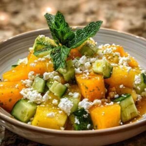 Salade melon concombre feta 3 Salade damier melon, concombre et feta servie dans un grand saladier blanc, garnie de menthe fraîche.