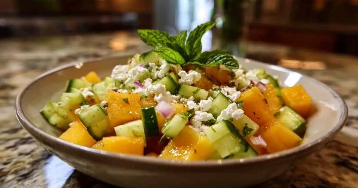 Gros plan sur les dés de melon et concombre formant un damier dans la salade à la feta.