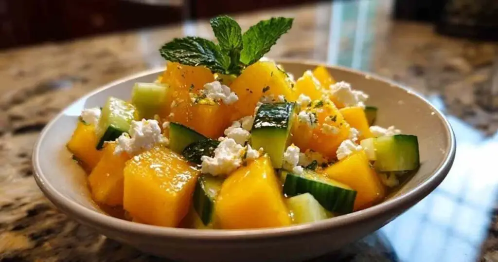 Salade melon concombre feta 1 Ingrédients pour la salade melon concombre feta : un melon, un concombre, un bloc de feta et de la menthe.