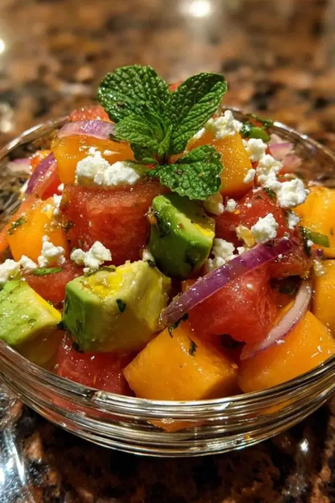 Salade Melon Pastèque Feta 2 Salade de melon, pastèque, avocat et feta dans un grand bol blanc, décorée de feuilles de menthe.