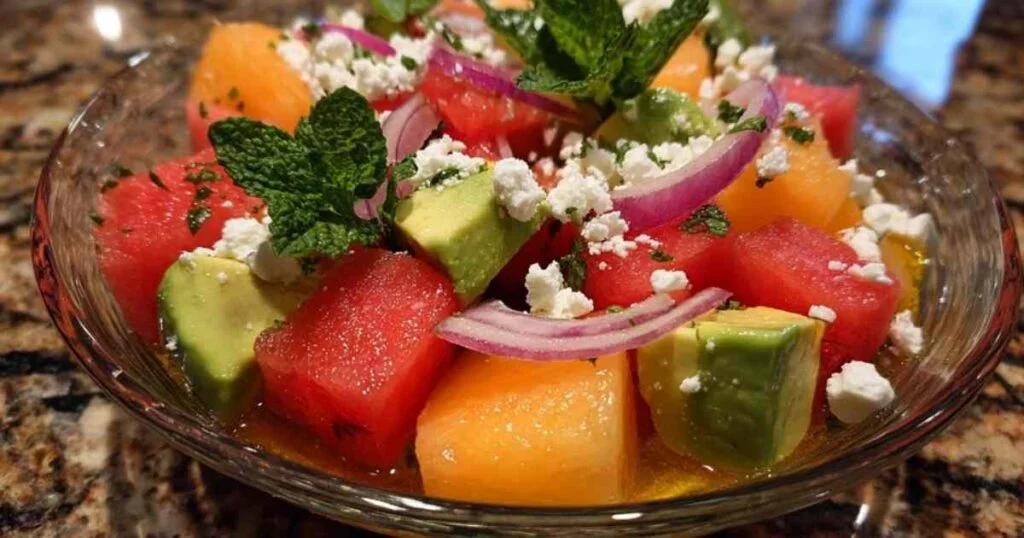 Salade Melon Pastèque Feta 1 Ingrédients pour la salade estivale disposés sur une planche à découper : dés de melon, pastèque, avocat et oignon.