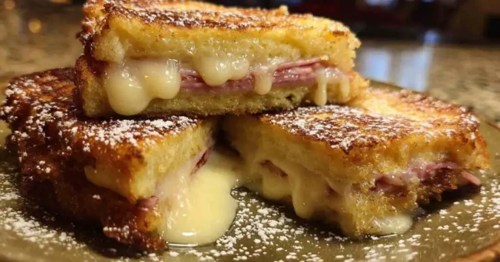 Aïoli Maison 1 Un sandwich Monte Cristo doré et coupé en diagonale, révélant un cœur de fromage fondu et de jambon.