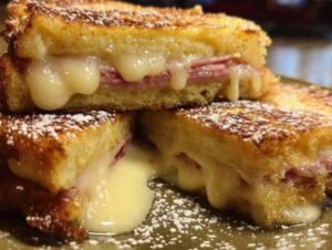Un sandwich Monte Cristo doré et coupé en diagonale, révélant un cœur de fromage fondu et de jambon.