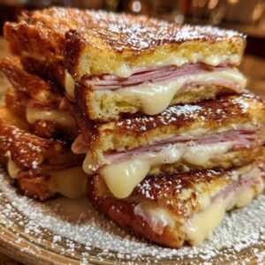 Sandwich Monte Cristo 3 Un sandwich en train d'être trempé dans un bol contenant le mélange d'œufs et de lait avant la cuisson.