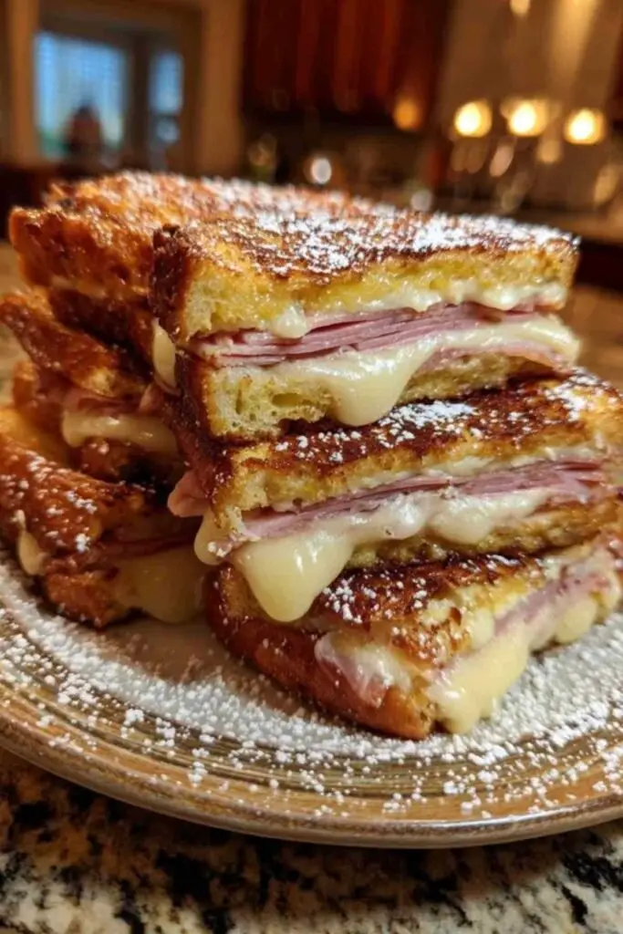 Sandwich Monte Cristo 2 Un sandwich en train d'être trempé dans un bol contenant le mélange d'œufs et de lait avant la cuisson.