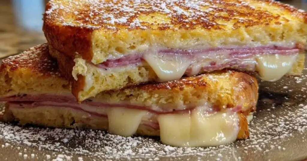 Sandwich Monte Cristo 1 Les ingrédients pour la recette du sandwich Monte Cristo : pain de mie, jambon, fromage suisse, œufs et lait.