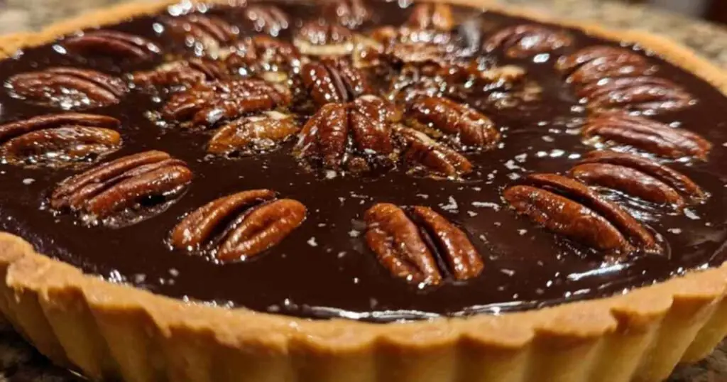 Tarte au Chocolat et Noix de Pécan 1 Part de tarte chocolat noix de pécan sur assiette