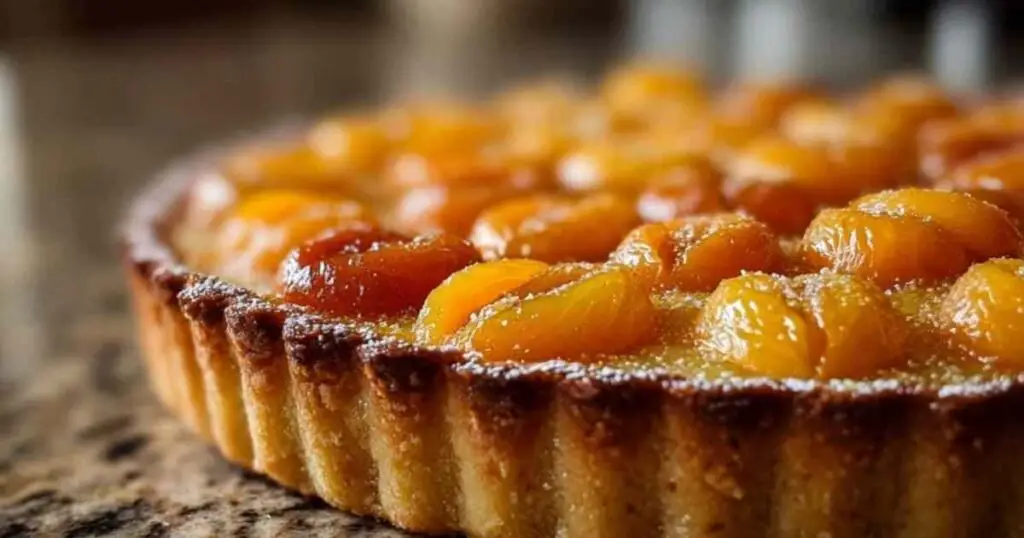 Tarte aux Mirabelles Facile 1 Part de tarte aux mirabelles servie dans une assiette blanche avec une boule de glace à la vanille.