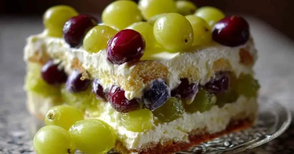 Tiramisu au Raisin 1 Gros plan sur une part de tiramisu au raisin dans une assiette, montrant les couches de crème et de biscuits, décorée de grains de raisin frais et de menthe.