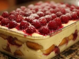 Une part de tiramisu framboise servie dans une assiette blanche, décorée d'une framboise fraîche et d'une feuille de menthe.