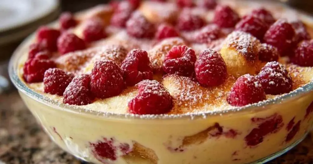 Tiramisus Framboise 1 Vue de dessus d'un plat en verre transparent pendant l'assemblage du tiramisu framboise, montrant une couche de crème et des framboises fraîches.