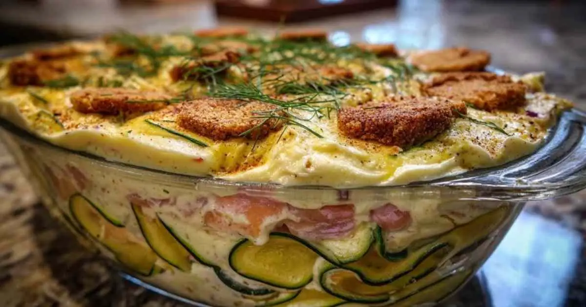 Verrine de tiramisu salé à la courgette et au saumon fumé, décorée d'aneth frais, posée sur une table estivale.
