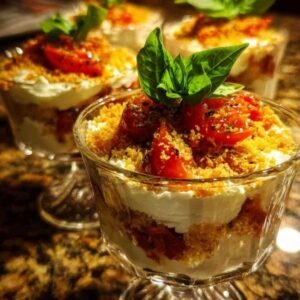 Tiramisu Salé aux Tomates Confites 3 Verrines de tiramisu salé aux tomates confites décorées de basilic frais