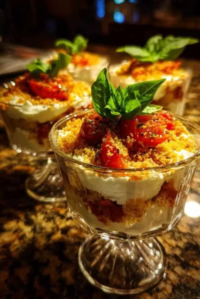 Tiramisu Salé aux Tomates Confites 2 Verrines de tiramisu salé aux tomates confites décorées de basilic frais