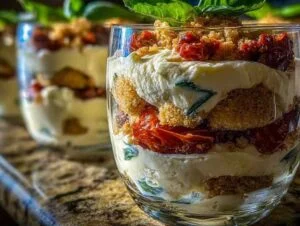 Ingrédients pour tiramisu salé : mascarpone, tomates confites, feta, basilic et crackers