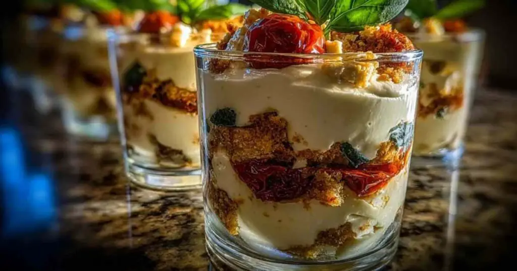 Tiramisu Salé aux Tomates Confites 1 Montage en couches du tiramisu salé dans une verrine transparente