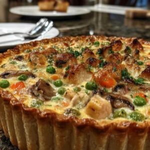 Tourte au Poulet et aux Champignons 3 Part de tourte au poulet servie dans une assiette, montrant la garniture crémeuse aux champignons et aux légumes s'échappant de la croûte.