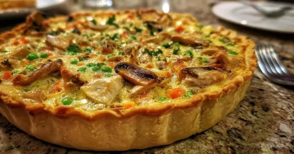 Tourte au Poulet et aux Champignons 1 Préparation de la recette de tourte au poulet, avec la garniture crémeuse versée sur le fond de pâte brisée avant de la recouvrir.