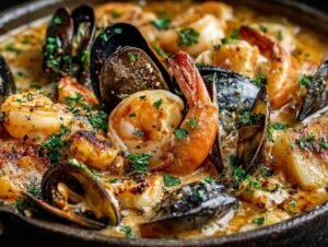 Marmite de fruits de mer en cours de cuisson avec moules ouvertes