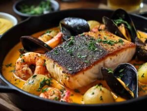 Marmite de la mer servie avec sauce rouille dans des bols en céramique