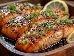 Pavé de saumon grillé nappé de sauce miel soja avec graines de sésame