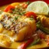Poisson façon colombo au coco servi dans une assiette avec du riz