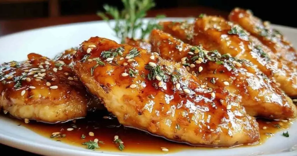 Poulet au Miel et à l'Ail 1 Poulet doré au miel et à l'ail servi dans une assiette avec persil frais