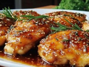 Poulet en train de cuire dans la poêle avec sauce au miel et à l'ail