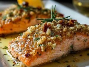 Filets de saumon recouverts de croûte de parmesan dorée sur plaque de cuisson