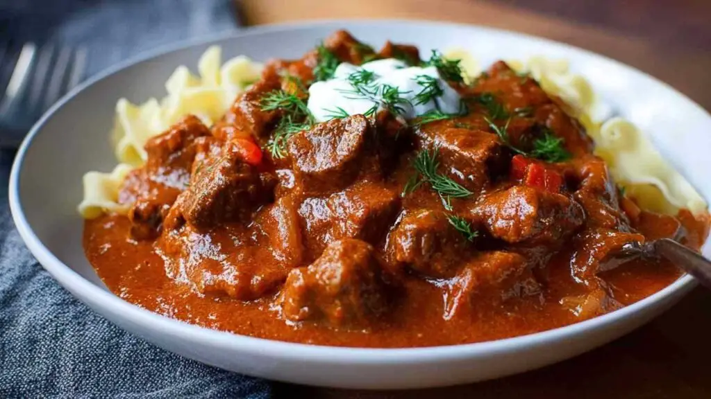 Bœuf au Paprika 1 Bœuf au paprika servi dans une assiette creuse avec crème aigre