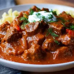 Bœuf au Paprika 3 Bœuf au paprika servi dans une assiette creuse avec crème aigre