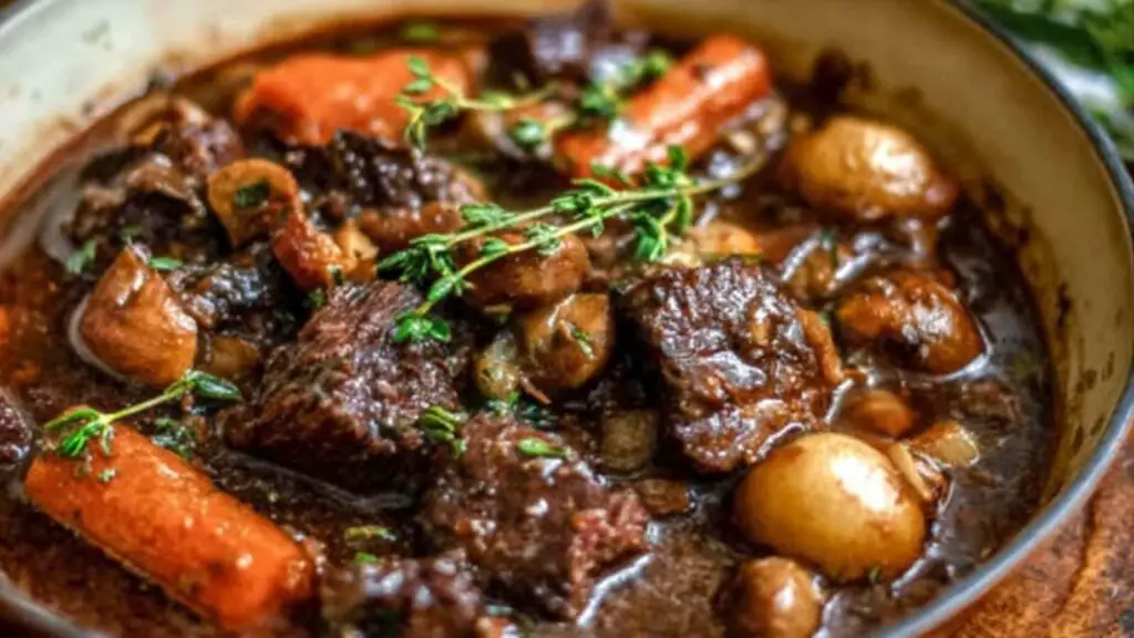 Bœuf Bourguignon 1 Bœuf bourguignon traditionnel français cocotte fonte vin rouge