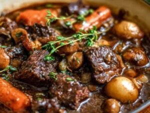 Bœuf bourguignon traditionnel français cocotte fonte vin rouge