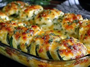 Courgettes évidées farcies aux crevettes et fromage doré au four