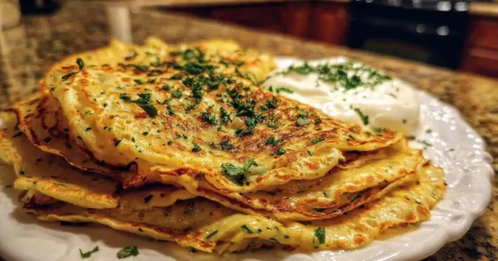 Crêpes de Courgettes Moelleuses 1 Crêpes de courgettes dorées cuisant dans une poêle antiadhésive