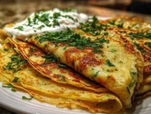 Assiette de crêpes de courgettes servies avec salade verte et sauce yaourt