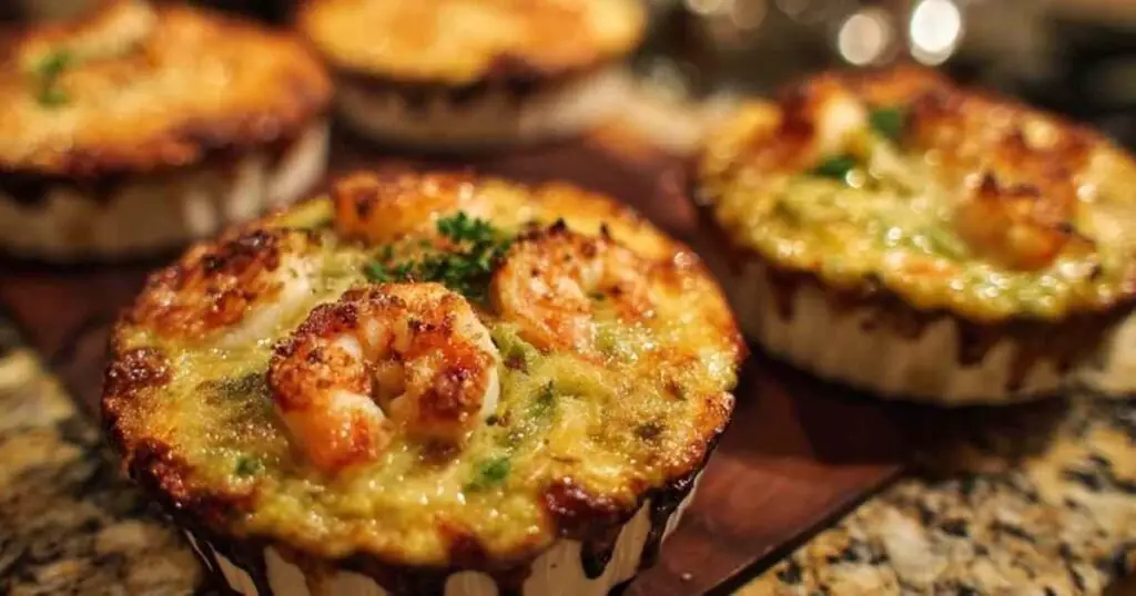 Crevettes gratinées au poireau et moutarde servies dans des ramequins individuels dorés au four