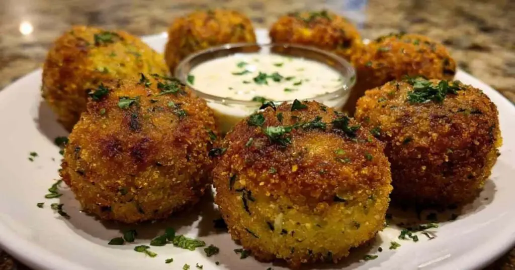 Assiette de croquettes aux courgettes servies avec sauce yaourt