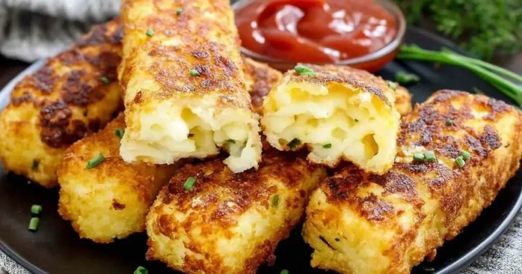 Croquettes aux courgettes et pommes de terre 1 Croquettes dorées aux courgettes et pommes de terre dans une assiette