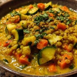 curry de lentilles vertes 3 Curry de lentilles vertes au lait de coco servi dans un bol avec du riz basmati