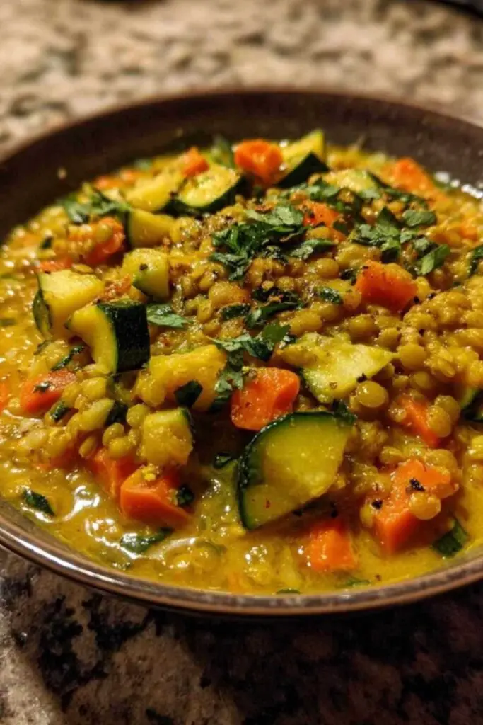 curry de lentilles vertes 2 Curry de lentilles vertes au lait de coco servi dans un bol avec du riz basmati