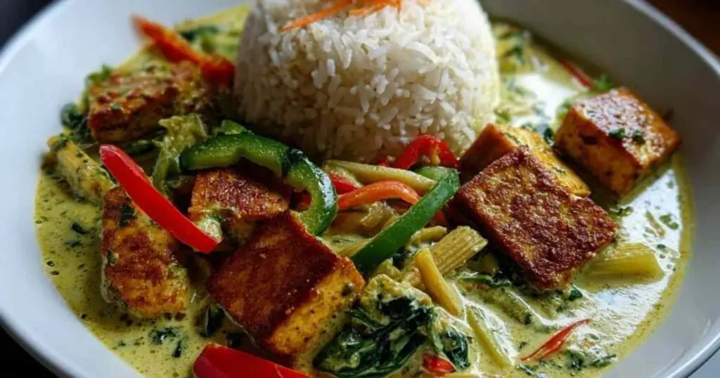 Curry Vert Thaï Végétarien 1 Cuisson curry vert thaï dans poêle avec légumes
