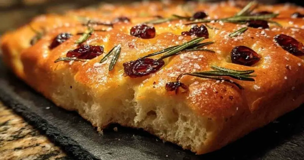 Focaccia aux Raisins 1 Focaccia aux raisins noirs et romarin dorée sortant du four